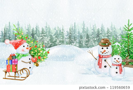 Happy snowmen with fir tree, sled, Christmas gifts on snowy ground in countryside landscape. Vintage style illustration. Hand drawn three funny snowman in winter forest landscape covered with snow 119560659