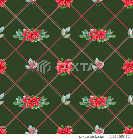 Christmas time festive floral seamless pattern in traditional colors. Watercolor illustration. Hand drawn winter season seamless pattern with poinsettia, pine, eucalyptus elements on dark background Christmas time festive floral seamless pattern in traditional colors. Watercolor illustration. Hand drawn winter season seamless pattern with poinsettia, pine, eucalyptus elements on dark background 119560672