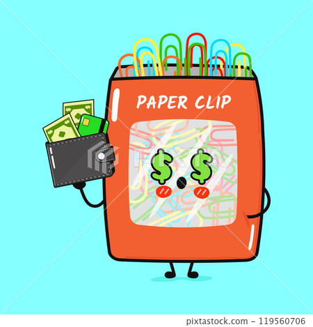 Paper clip Dollar, Wallet, Money character. Vector hand drawn cartoon kawaii character illustration icon. Isolated on blue background. Paper clip character concept 119560706