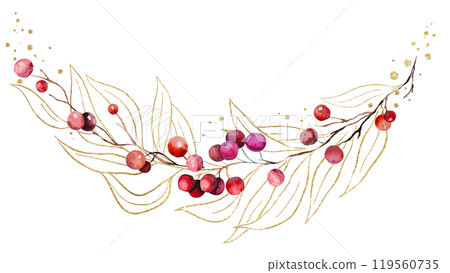Christmas bouquet with watercolor twigs with red berries and golden leaves. Holidays Illustration 119560735