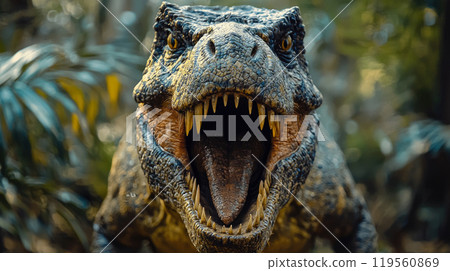 Roaring dinosaur in forest of Jurassic era, face of prehistoric animal tyrannosaurus rex in jungle. Concept of nature, predator, extinct. 119560869