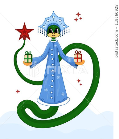 Cute Green snake in a Snow Maiden costume. Vector illustration of 2025 symbol. Snake Snow Maiden in a blue coat and kokoshnik. Design element for New Year and Christmas theme. 119560928