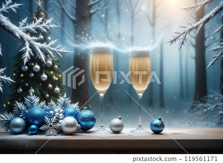 New Year card, close up of champagne glasses with Merry Christmas inside 119561171