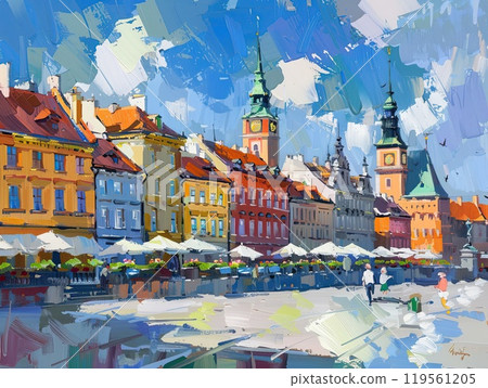 Warsaw, Poland, old town illustration. Modern painting on canvas. Warsaw, Poland, old town illustration. Modern painting on canvas. 119561205