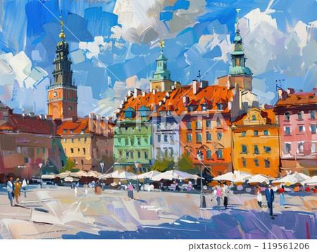 Warsaw, Poland. Cityscape with old town illustration. Colorful painting on canvas. Warsaw, Poland. Cityscape with old town illustration. Colorful painting on canvas. 119561206