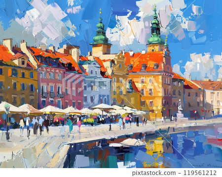 Warsaw, Poland. Old town street. Illustration with colorful painting. 119561212