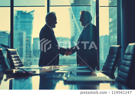 Confident businessman shaking hands with his colleague after a meeting in a corporate boardroom 119561247