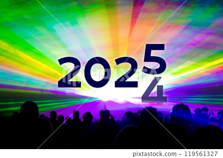 Turn of the year 2024 2025 colorful laser show party. Luxury entertainment with people crowd audience silhouettes at new year celebration. Premium nightlife event at holidays season time. Turn of the year 2024 2025 colorful laser show party. Luxury entertainment with people crowd audience silhouettes at new year celebration. Premium nightlife event at holidays season time. 119561327