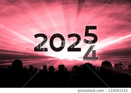 Turn of the year 2024 2025 red laser show party. Luxury entertainment with people crowd audience silhouettes at new year celebration. Premium nightlife event at holidays season time. Turn of the year 2024 2025 red laser show party. Luxury entertainment with people crowd audience silhouettes at new year celebration. Premium nightlife event at holidays season time. 119561332