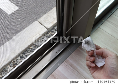 掃窗導軌之間的縫隙中積聚了污垢。 掃窗導軌之間的縫隙中積聚了污垢。 119561379