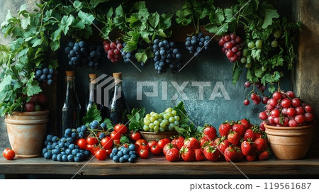 A visually appealing still life composition of food, featuring a variety of textures, colors, and lighting techniques. 119561687