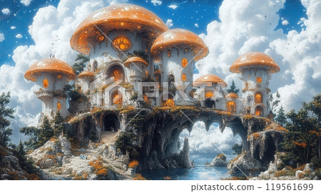 Magical Mushroom Castle in a Fantasy Landscape 119561699
