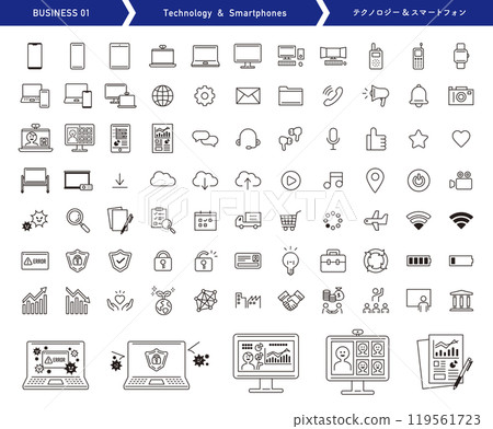 Technology and smartphone icon set. Line art vector. Business and office. 119561723