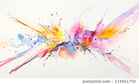 A painting of a colorful explosion with splatters of paint. The colors are bright and vibrant, creating a sense of energy and excitement. The painting seems to be a representation of the chaos 119561750