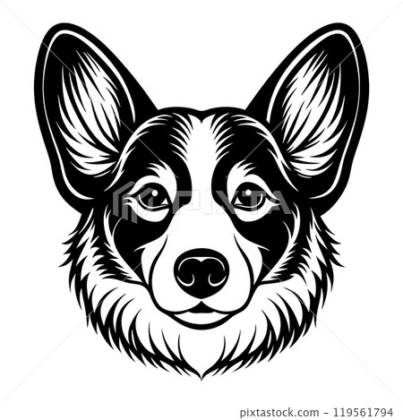 corgi dog head icon. Black and white logo, dog silhouette, engraving style.  119561794