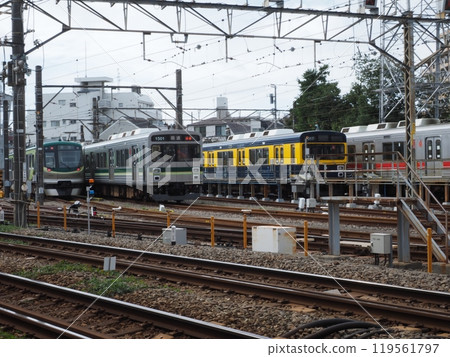 Tokyu Ikegami Line trains lined up at Tokyu Yukigaya Inspection Yard 119561797