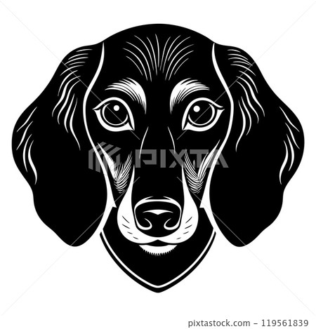 dachshund dog head icon. Black and white logo, dog silhouette, engraving style. 119561839