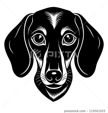 dachshund dog head icon. Black and white logo, dog silhouette, engraving style. 119561855