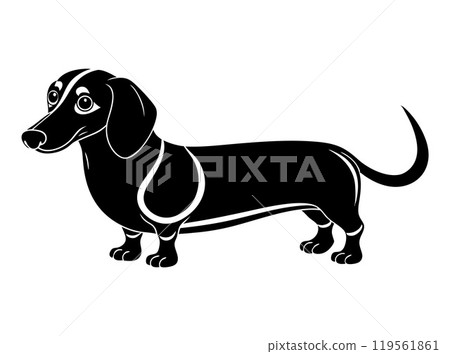 dachshund dog full body icon. Black and white logo, dog silhouette, engraving style. 119561861