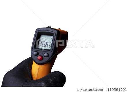 A man's hand in gloves holds an industrial thermometer. 119561991
