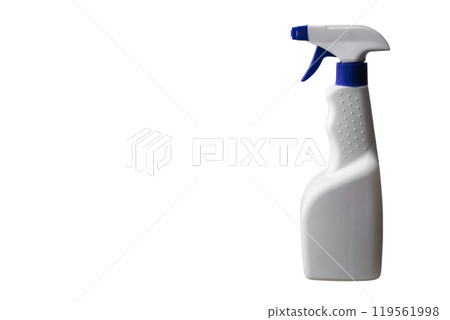 Disinfectant spray bottle on white background. Empty bottle trigger. Disinfectant spray bottle on white background. Empty bottle trigger. 119561998