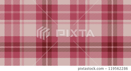 A seamless pattern featuring a classic plaid design in shades of pink and red. The pattern includes intersecting lines and squares, creating a traditional tartan look. The repetition and symmetry 119562286
