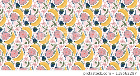 Joyful seamless pattern with bananas, figs, blackberries, white strawberries, pink flowers, and green leaves. Modern, organic vector style with flat colors and a playful, childlike design 119562287