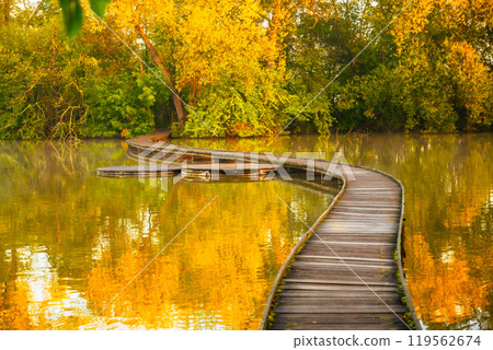 A narrow wooden bridge gracefully winds over a calm pond surrounded by vibrant autumn foliage. The tranquil morning light reflects off the water, creating a serene atmosphere in Vestec. 119562674