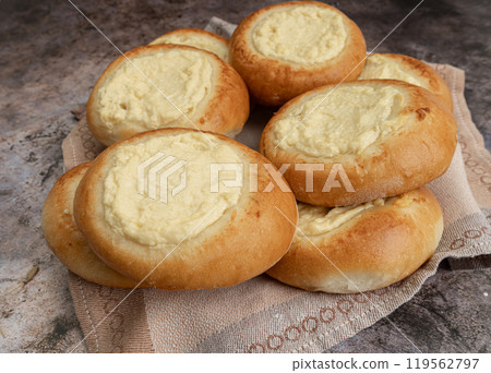 Vatrushka. ring of dough with quark in the middle. baking at home, Ball dough with cottage cheese 119562797