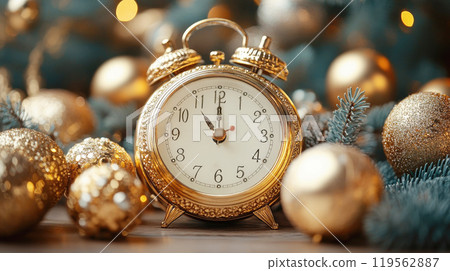 Christmas and New Year background with golden clock and balls, fir branches 119562887