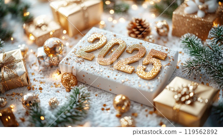 New Year and Christmas background with golden numbers 2025, gift boxes and decor on a white background 119562892