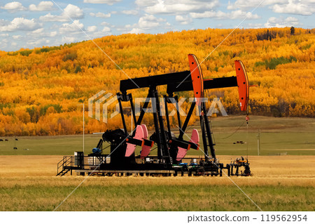 Pumpjacks in the agricultural field among beautiful fall scenery. 119562954