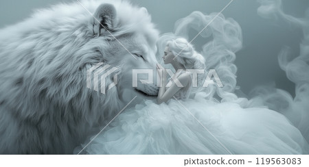Fantasy scene symbolizing trust and love between a lion and a beautiful woman 119563083