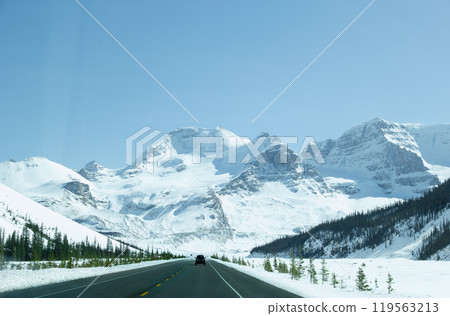 Scenic winter view of the Icefields parkway or Highway 93 in Alberta, Canada Scenic winter view of the Icefields parkway or Highway 93 in Alberta, Canada 119563213