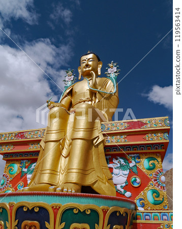 A golden Buddha statue said to be a Bodhisattva standing at Likir Gompa in eastern Ladakh, known as Little Tibet in northern India. 119563414
