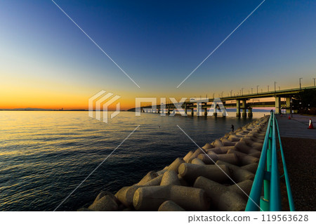 Rinku Town Station to Osaka International Airport, connecting bridge and sunset, Japan 119563628