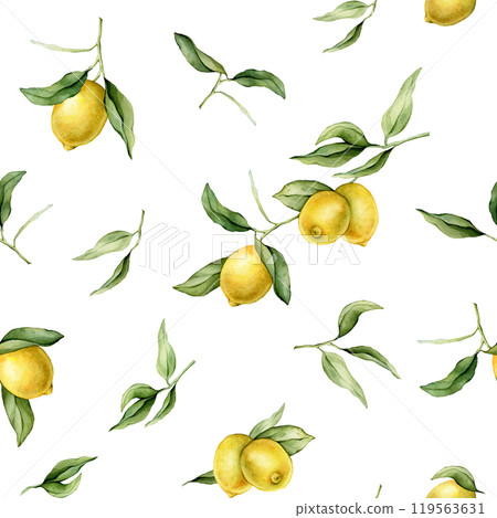 Seamless pattern with watercolor illustration of Lemon or Lime. Hand painted lemon branche with green leaves on white isolated background for juice label or icon. 119563631