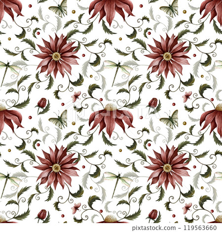 Seamless pattern of flowers, plants, dragonfly, butterfly and berry. Watercolor illustration. Can use on postcards, textile, websites, store sign, booklet, framing, magazine articles. Vintage style. 119563660