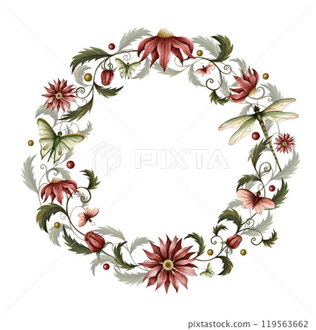 Wreath of flowers, plants, dragonfly, butterfly and berry. Watercolor illustration. Can use on postcards, websites, store sign, booklet, add, compositions, framing, magazine articles. Vintage style. Wreath of flowers, plants, dragonfly, butterfly and berry. Watercolor illustration. Can use on postcards, websites, store sign, booklet, add, compositions, framing, magazine articles. Vintage style. 119563662