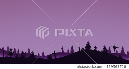 Cemetery in hill. Halloween background with trees, tombstones and fireflies. Halloween purple, violet template. Cemetery in hill. Halloween background with trees, tombstones and fireflies. Halloween purple, violet template. 119563726