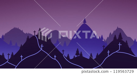 Cemetery in hill. Halloween background with trees, tombstones and fireflies. Halloween purple, violet template. Cemetery in hill. Halloween background with trees, tombstones and fireflies. Halloween purple, violet template. 119563729
