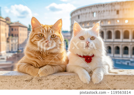 Happy couple in love,  white fluffy female cat and red male cat take a selfie against the backdrop of the Colosseum in Rome, Italy.  AI-generated item 119563814
