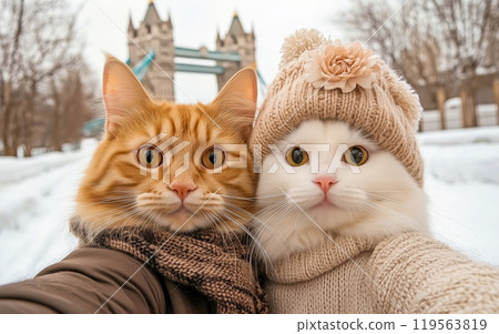 Happy couple in love, white fluffy female cat in a hat and sweater and red male cat  in a coat take a selfie against the backdrop of Tower Bridge in London, , United Kingdom. AI-generated item  119563819