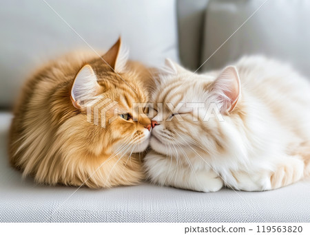 two cats sit comfortably together on a soft sofa in a cozy living room. AI-generated item 119563820