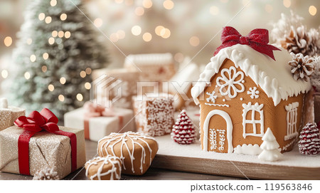 Holiday Christmas gingerbread house with Christmas decoration. AI-generated item  119563846