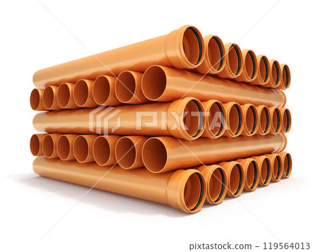 Bunch of plastic brown sewer pipes with the seal - 3D illustration 119564013