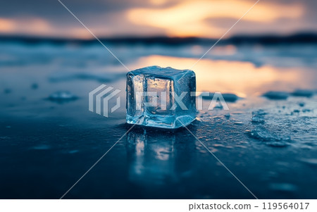 Single melting ice cube on wet sand with blurred sunset beach scene in background, symbolizing climate change and global warming Single melting ice cube on wet sand with blurred sunset beach scene in background, symbolizing climate change and global warming 119564017