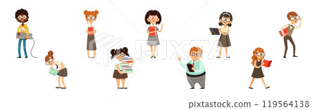 Smart Kid Nerd with Book in Glasses Vector Set Smart Kid Nerd with Book in Glasses Vector Set 119564138