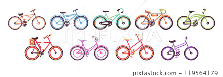 Colorful Bicycles and Bike as Pedal Driven Vehicle Vector Set 119564179