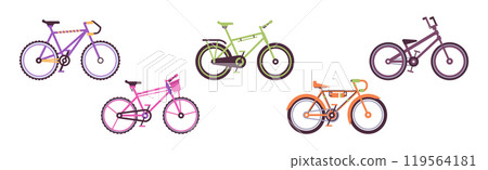 Colorful Bicycles and Bike as Pedal Driven Vehicle Vector Set 119564181